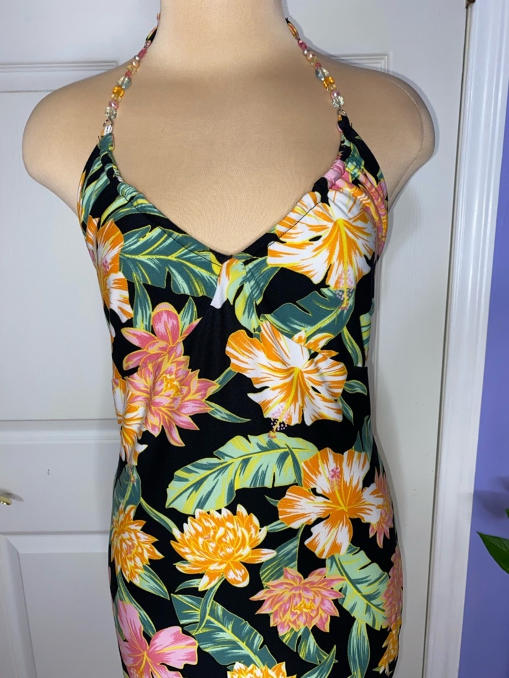 Derek Heart Black Halter Mini Dress with Warm Tropical Blooms, Hot Summer - Picture 3 of 8